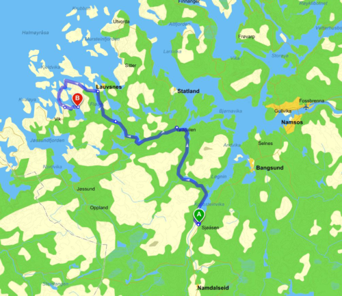 Kart med vei fra Sjøåsen til Fløan